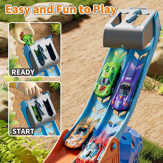 Race Track Truck Toys for 3 4 5 6 7 8 Years Old Boys, 2-Tier Storage Carrier Vehicle Playset with 12 Die-Cast Racing Car Toys, Car Ramps, Birthday Gifts for Toddlers Kids Girls Age 3-5 4-8