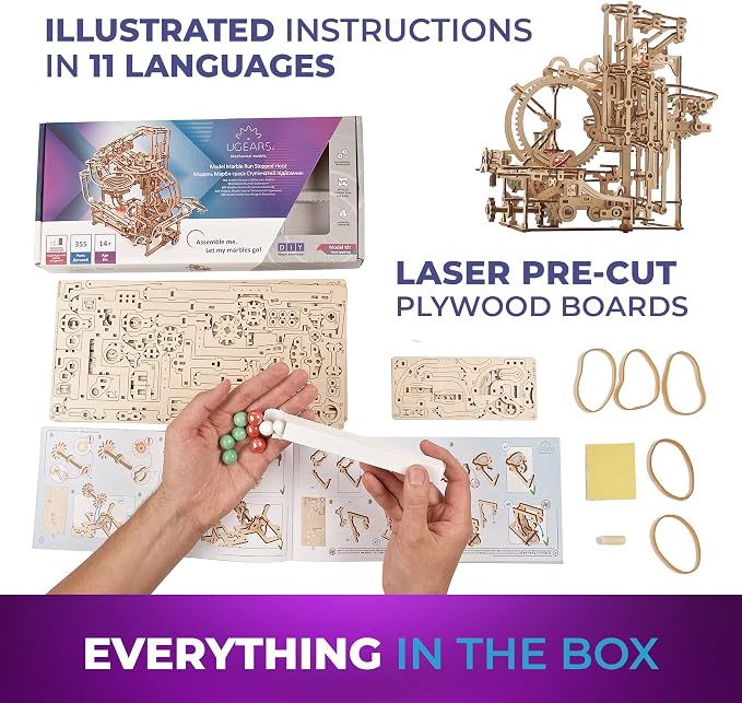 UGEARS Wooden Marble Run Stepped Hoist - Mechanical 3D Wooden Puzzles for Adults Kit, Fun DIY Model Kit Crafts for Adults - Unique Gift 3D Puzzle for Adult Marble Game for Hobby Enthusiasts - 355 Pcs