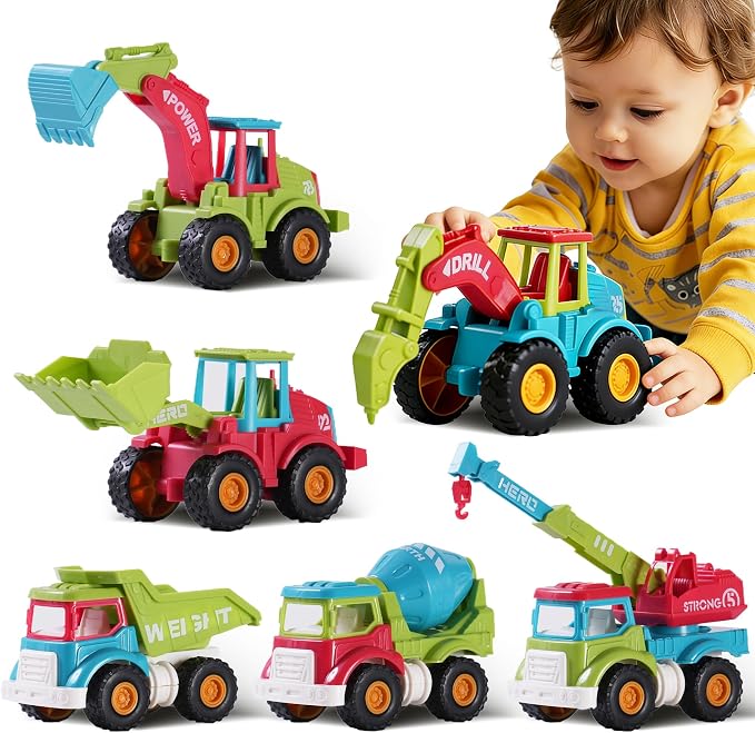 6pc Friction Construction Trucks Toy for Kids | Push and Go, Indoor Outdoor Sandbox Play, Excavator Bulldozer Dump Crane Mixer, Christmas Birthday Gift for Boys Toddlers 3-8