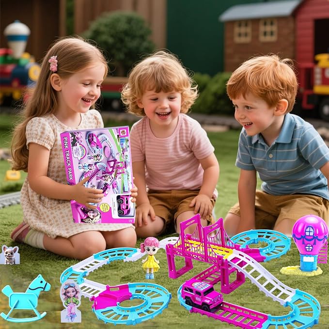 Race Tracks Toys for 3 4 5 6 Year Old Girls Kids, Princess Track Car Mode Game W/1 Electric Truck Car, Birthday Gift Toddler Cars Toy for 2-5 Year Old Girl Boy(Pink)