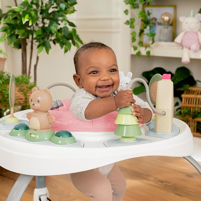 Ingenuity Spring & Sprout 2-in-1 Baby Activity Center Jumper and Table with Infant Toys - Ages 6 Months +, First Forest in Pink