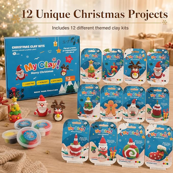 Air Dry Clay for Kids, 12 Christmas Modeling Clay DIY Model Magic Clay Kit with Tools&Tutorials, Soft&Non-Sticky, Safe&Non-Toxic, Creatible Art Crafts Toys Gifts for Kids,Christmas Crafts Xmas Gift