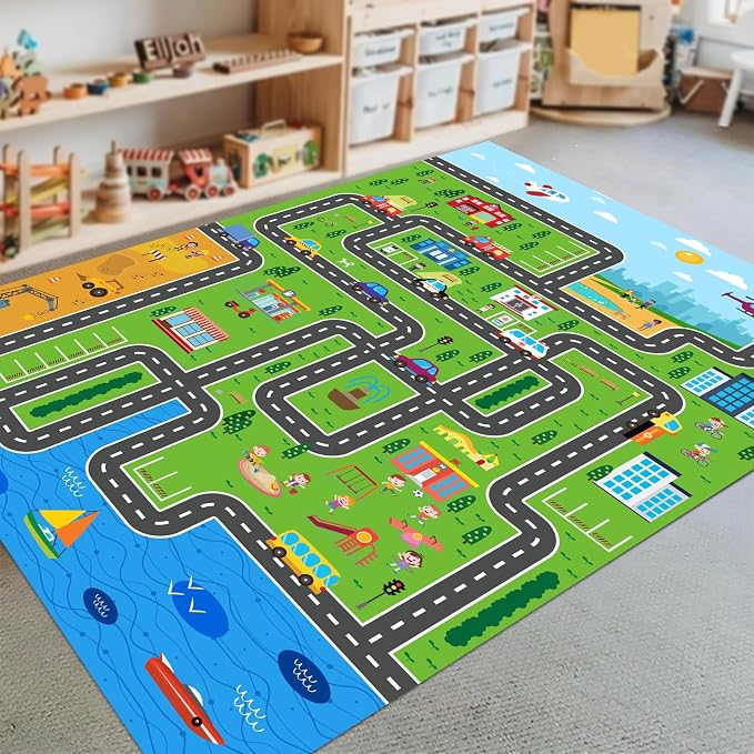 Kids Car Playmat, Kids Rug for Playroom Car Mat Town City Road Traffic Rugs, Play Mat for Floor, Extra Large Boys Kid Car Track Play Rug (Style ONE, 78.7X 59 INCH)