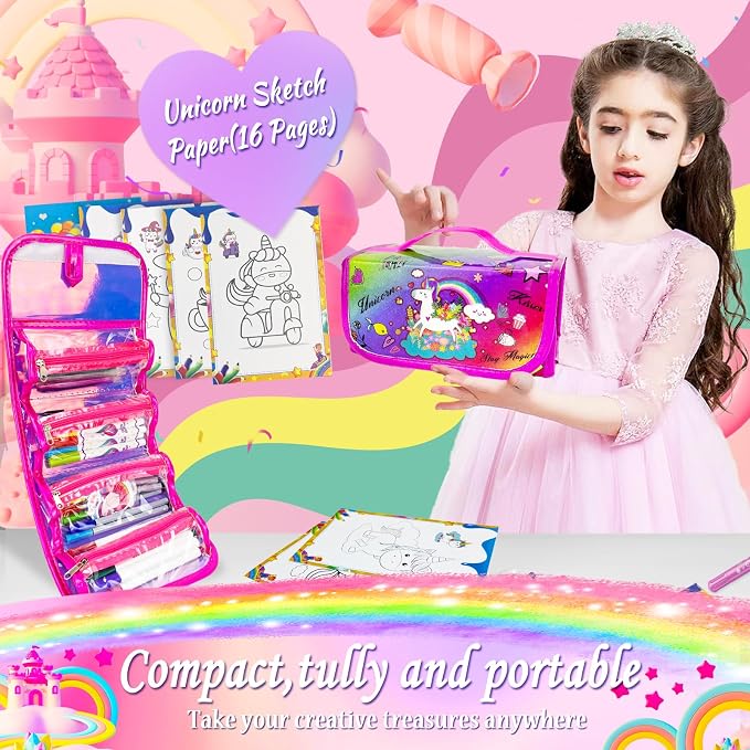 weirtoya 56 PCS Washable Scented Markers with Glitter Pencil Case, Mermaid Unicorn Arts and Crafts for kids 4-6-8 Kids Coloring Drawing Kits for 4-8 Years Old Girls (Rainbow, 70)