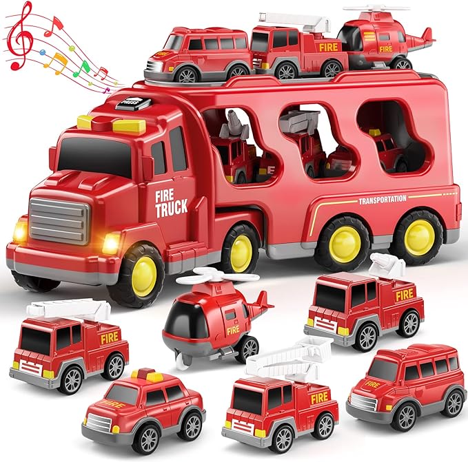 Fire Truck Toys for Toddler 1-3 3-5, Transport Car with Light Sound, 7-in-1 Fire Car Carrier Vehicle Set for Girls 1 2 3 4 5 6 Years Old, Birthdays Gifts for Kids Girls Aged 3-9