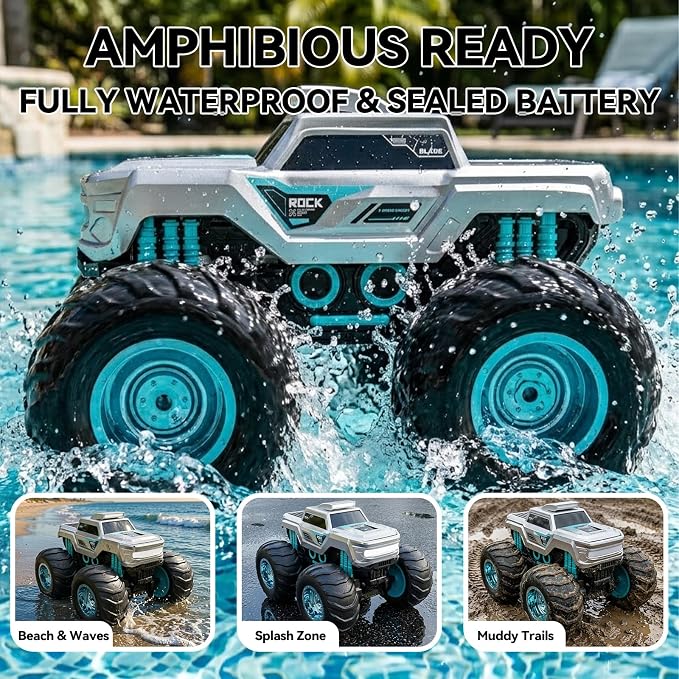 1:14 Amphibious Remote Control Car with Gyro Stabilizer, 4WD Waterproof All Terrain RC Monster Truck, 2.4 GHz Off-Road Toys for Boys Kids Christmas Birthday Gifts Ages 6+