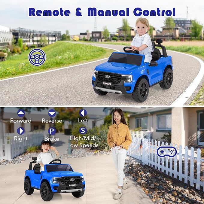 Licensed Ford Ranger Ride on Pickup Truck by INFANS, 12V Battery Powered Electric Vehicle for Kids with Remote Control, Headlight, Power Display, Bluetooth, MP3, Music, Aged 3-6 Years (Blue)