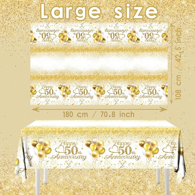Happy 50th Anniversary Table Cloth,50 Year Anniversary Decorations 3Pcs White and Gold Tablecloth Waterproof Rectangular Table Cover for 50 Year Old Birthday Party Supply