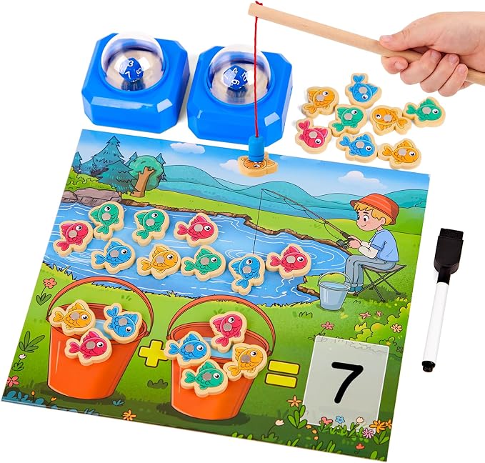 Magnetic Fishing Math Game for Kids 3-5, Montessori Counting Toy with Dice Poppers, Preschool Math Manipulatives Board Game, Addition and Subtraction Dice Game for Homeschool Classroom