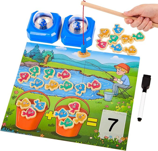 Magnetic Fishing Math Game for Kids 3-5, Montessori Counting Toy with Dice Poppers, Preschool Math Manipulatives Board Game, Addition and Subtraction Dice Game for Homeschool Classroom