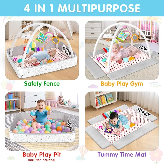 Baby Play Gym Mat Tummy Time Mat with 5 Detachable Activity Center Newborn Infant Babies Boy Girl Gifts for Babies Toys 0-3-6-12 Months Newborn Infant Babies Essentials Gift