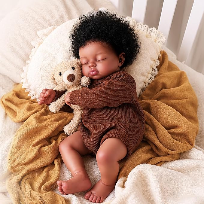 BABESIDE Black Reborn Baby Dolls, 17 Inch Realistic Black Newborn Lifelike Real Life Baby Dolls Soft Vinyl & Cloth Body with Feeding Kit Gift Box for Kids Ages 3+