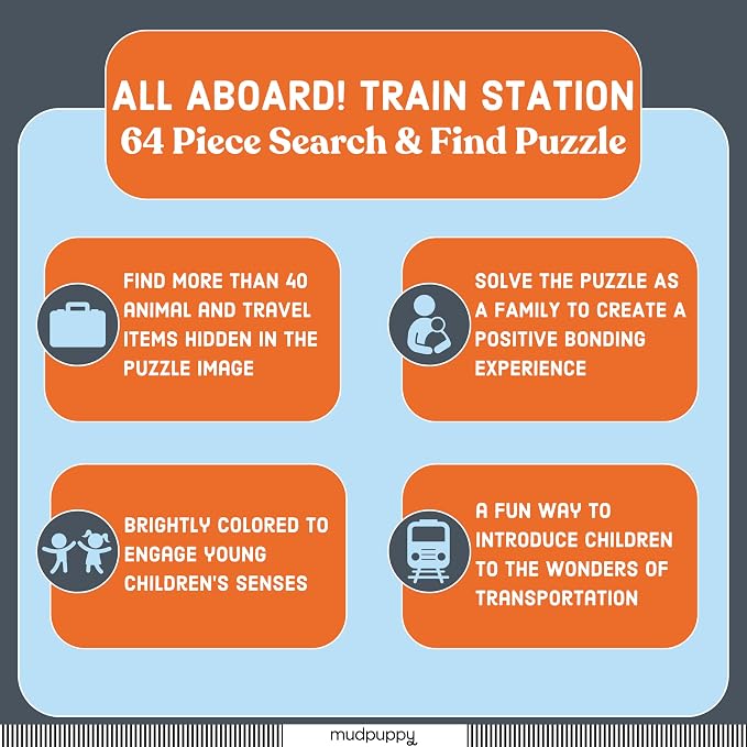 Mudpuppy All Aboard! — 64 Piece Search & Find Puzzle Jigsaw Puzzle Featuring A Busy Train Station with Adorable Animal Passengers and Over 40 Hidden Images to Find for Ages 4+