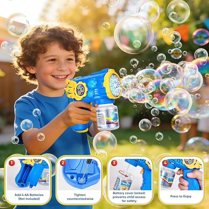Bubble Gun, Automatic Bubble Machine for Kids with Lights, 2 Pack | 2-pack red and blue bubble guns with lights and leak-resistant bottles for ages 3+, outdoor parties and backyard play.