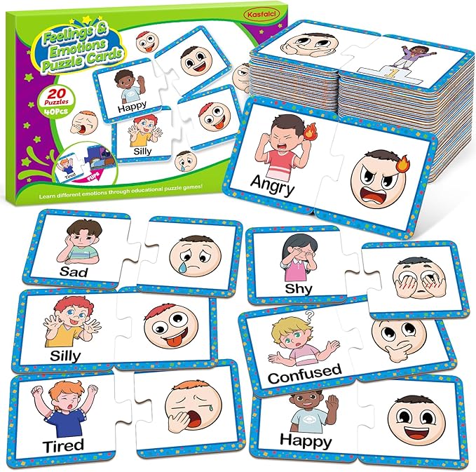 Kasfalci Feelings & Emotions Puzzle Cards, 40 PCS Feelings Chart Toys for Kids,Social Emotional Learning Activities,Speech Therapy Games,Autism Learning Materials,Calm Down Corner Supplies