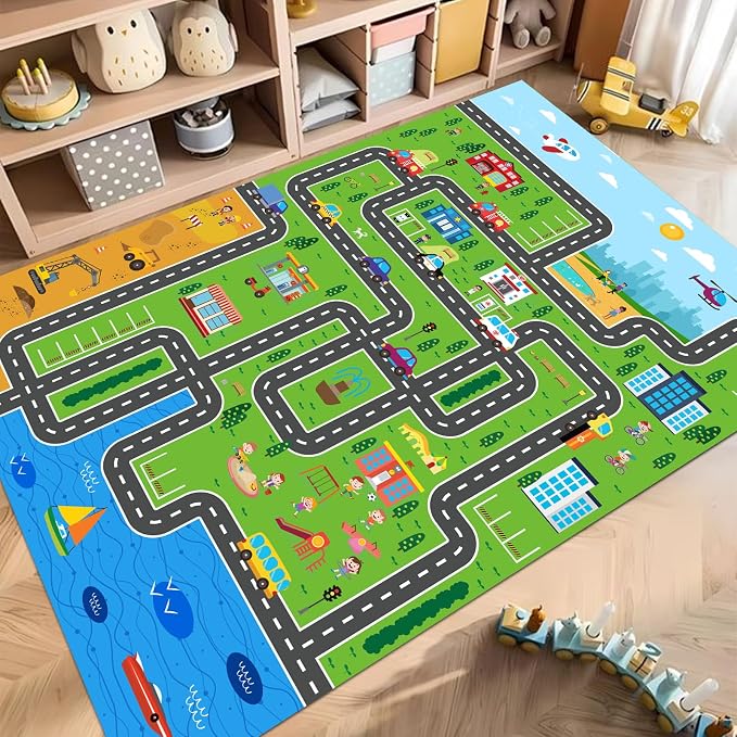 Kids Car Playmat, Kids Rug for Playroom Car Mat Town City Road Traffic Rugs, Play Mat for Floor, Extra Large Boys Kid Car Track Play Rug (Style ONE, 59X 39.4 INCH)