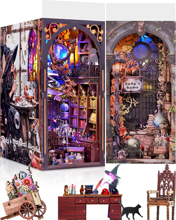 Book Nook Kit DIY Miniature House Dollhouse Judy's Magic World | 3D Wooden, Bookshelf Nook Story, Mini House Gifts, For Adults
