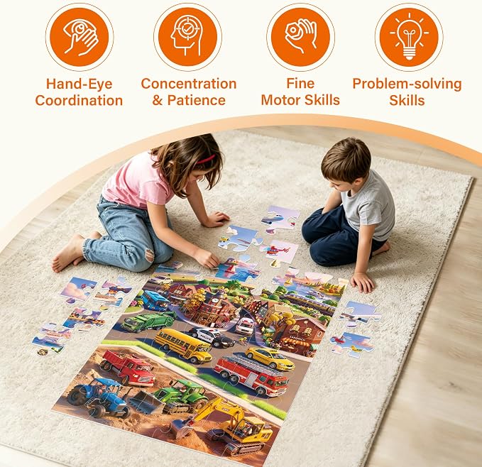 BenBen Floor Puzzles for Kids Ages 4–6, 48 Piece 2 x 3 Feet Transportation Jigsaw Puzzle, Large Vehicle-Themed Floor Puzzle with Big Pieces, Educational Toy Gift for Boys & Girls