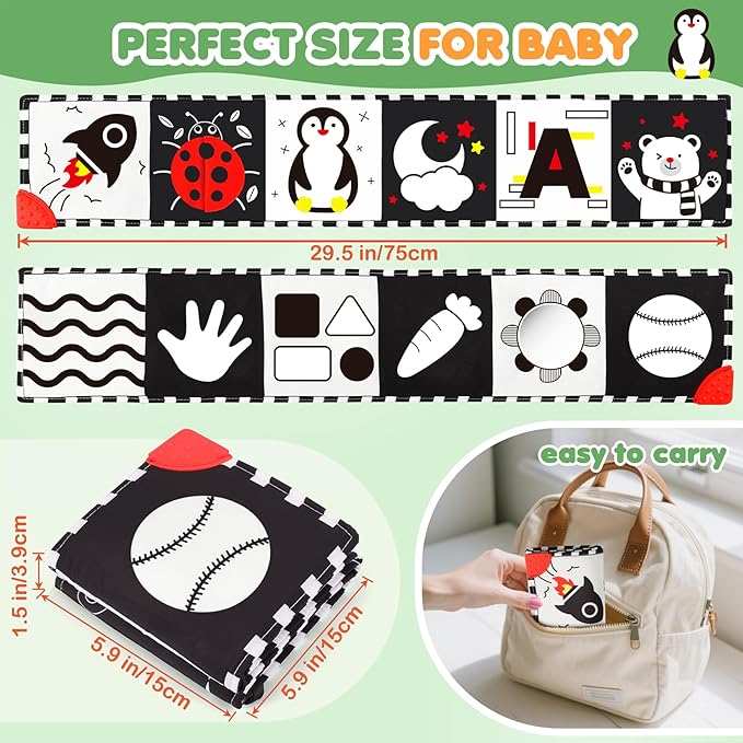 BBWOO High Contrast Baby Toys for Newborn, Tummy Time Mirror, Black and White Baby Toy for 0-6 Months, Soft Montessori Visual Stimulation Infant Book, Boy Girl Shower Gift