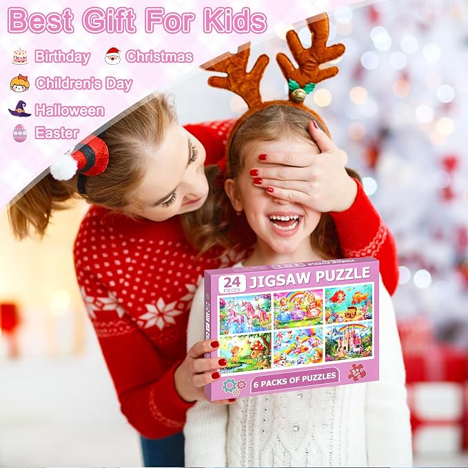 MZZOTOY 6 Packs Puzzles for Kids Ages 4-6, 24 PCS Princess Unicorn Jigsaw Puzzles for Kids Ages 3-5 | 4-8，Preschool Educational Puzzles Toys Gifts for 3 4 5 6 Boys Girls ﻿