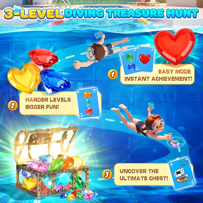 DISHIO Diving Toys for Kids, Seek Treasure Underwater Pool Gem Hunt Pool Game with 60PCS Sinking Gems, Pirate Treasure Chest, 35PCS Game Cards, Summer Swimming Pool Toys for Toddlers Kids Age 3-10