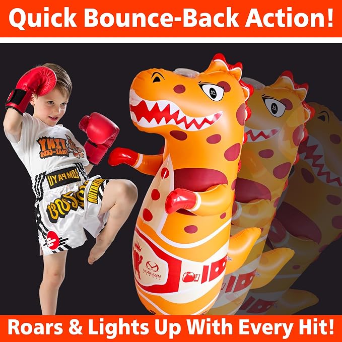 Marwan Sports Dinosaur Punching Bag for Kids Ages 3-10 — 47" Sensory Bop Bag, Glow-in-the-Dark with Roaring Sounds & Color Changing Lights | Indoor Energy Burner & Birthday Gift for Active Kids