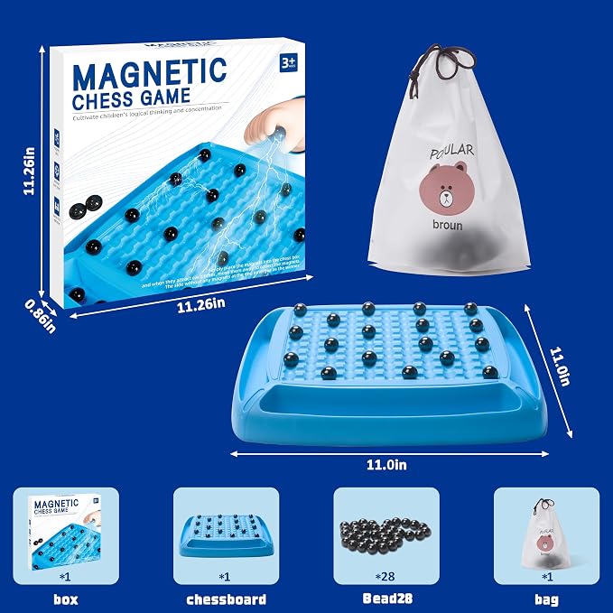 Magnet Game, Magnet Chess Game for Kids 8-12 with 28pcs, Magnetic Board Games for Kids and Adults, Gifts for Boys & Girls, 2-4 Players (Blue 28)