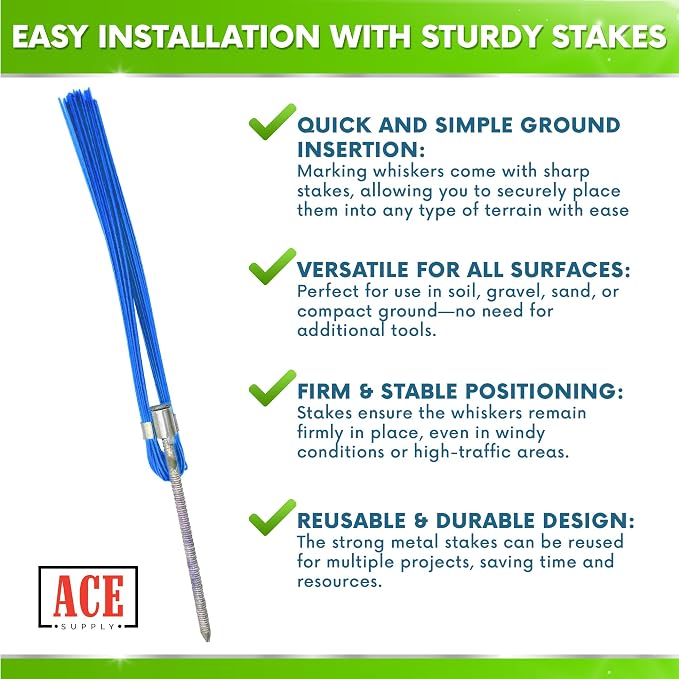 Blue Marking Whiskers With Stakes - 25 Pack - Durable Marking Whisker Set - Use Survey Whiskers As Ground Markers, Construction Markers, Or Trail Markers