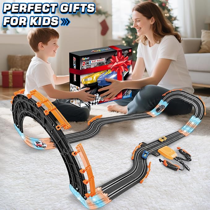 Slot Car Race Track Sets with 4 Slot Cars, Ideal Birthday Xmas Gifts Toys for Kids Boys Ages 6 7 8-12, Battery or Electric Race Car Track Set with Dual Racing Game, Flash Circular Track, Lap Counter