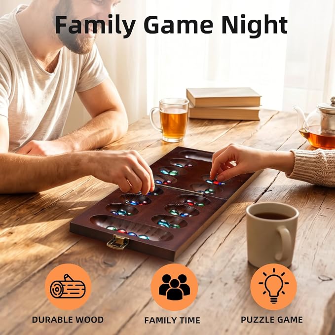Mancala Board Game – Folding Wooden Travel Set with Locking Metal Latch | Includes 56 Colorful Glass Stones. Classic 2-Player Table Strategy Game. Great For Kids And Adults. Fun For Family Game Night