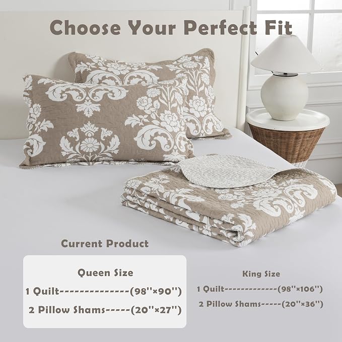 Queen Size Quilt Set- 100% Cotton Quilt Set, Floral Pattern Bedspread Set Queen Size,Farmhouse Lightweight Reversible Quilt Set, Quilt Bedding Set for All Season,3-Piece,Warm Taupe & White