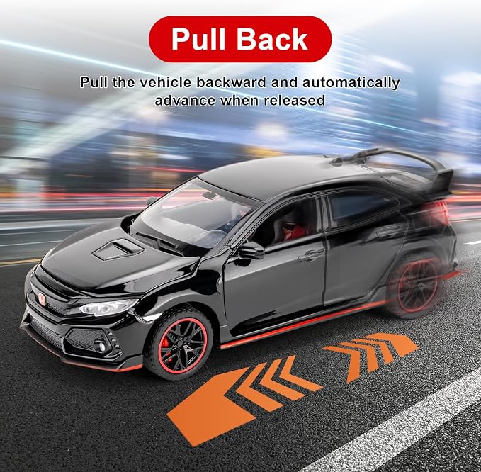 1:32 Scale Civic Type R Model Car，Toy Vehicle with Sound & Light, Pull Back Function & Openable Doors - Premium Diecast Collectible with Realistic Details Black