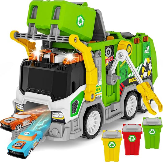 Large Friction Powered Garbage Truck Toy Set with Effect Sound, 2pcs Ejecting Race Cars, Includes Dumpster, Trash Bins, Birthday Gifts for Age 3 4 5 6 7 8 Year Old Boys Kids