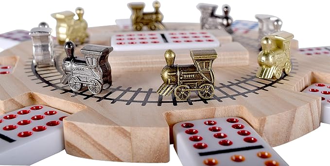 Mexican Train Dominoes Set Double 12 Color Dots | Wooden Hub, 8 Metal Trains, Aluminum Case