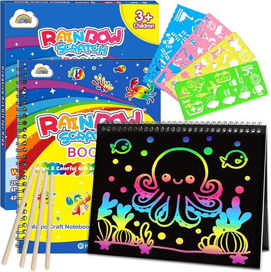 ZMLM Scratch Paper Art-Crafts Gift: 2 Pack Rainbow Notebooks Supplies Toys for 3 4 5 6 7 8 9 10 Years Old Girls and Boys Kids Christmas Birthday Party Games Ocean