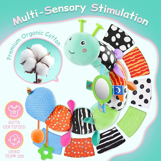 Baby Sensory Musical Caterpillar Plush Toy, Soft Stuffed Animal with Mirror Crinkle Paper Rattle Teether, Tummy Time Play Toy for 0-12 Months Newborn Infant, Baby Shower Gift for Boys Girls, Blue