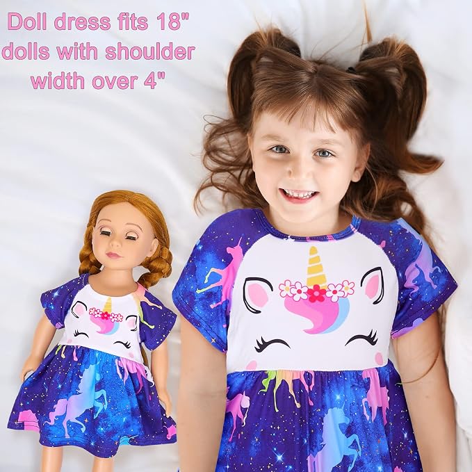 Play Tailor Doll and Girl Matching Nightgown Unicorn Outfit Pajamas Night Dress for Girls and 18" Dolls Clothes