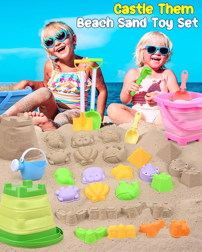 Collapsible Beach Sand Toys for Kids Toddlers with Sand Bucket, Marine Animal Molds, Castle Building Molds, Shovels, Storage Mesh Bag, Travel Sand Toys for Boys Girls (23PCS ( 2 Sand Buckets ))