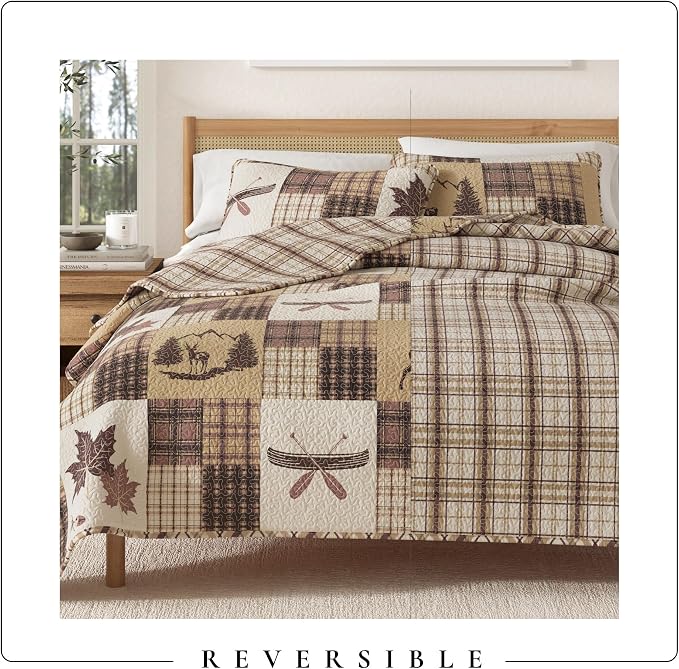 Great Bay Home Lodge Quilt Set - 3-Piece King/California King Size Rustic Bedding Set - Lightweight, All-Season, Reversible Bedspread (Deer & Leaf Patchwork)