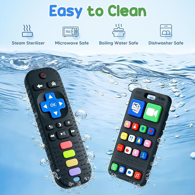 2 Pack Baby Teething Toys for 3-6 6-18 Months, Silicone Phone & TV Remote Control Shape Teether Toys, Teething Relief Sensory Chew Toys, Baby Shower Gifts for Infant Boys Girls 6-12 Months