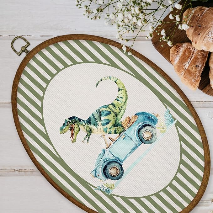 WULQYING Boy Nursery Dinosaur Car Wall Art Decor, Boys Room Oval Framed Canvas Art Prints, Green Striped Dino Dinosaur Wall Hanging Decor for Kid Toddler Boy Room Bedroom Playroom, 8.6x11.4 Inches