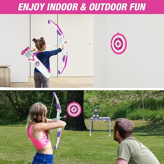 HYES Bow and Arrow for Kids, LED Light Up Archery Set with 12 Suction Cup Arrows, 1 Hanging Target, 3 Score Targets & 1 Quiver, Indoor Outdoor Sport for Boys Girls Ages 4-12, Purple