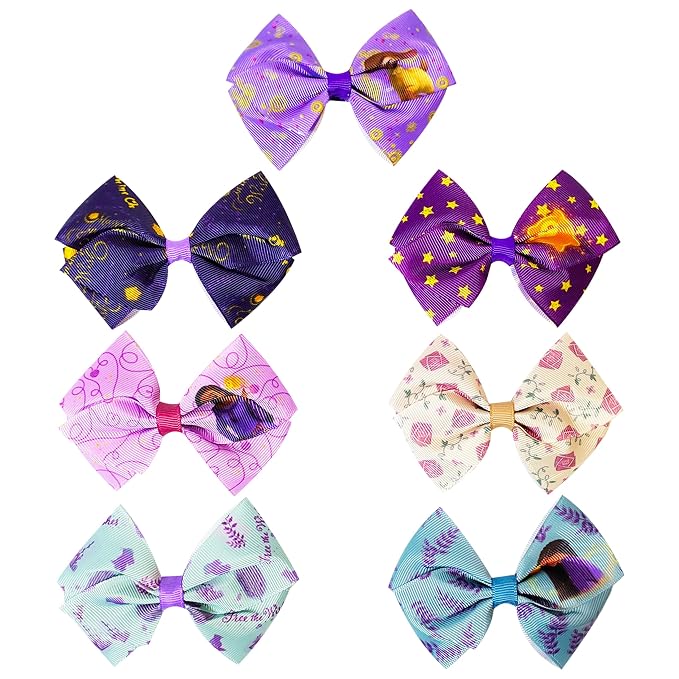 Disney Wish Kids Hair Bows - Hair Accessories Set - 7 Pcs 4 Inch Bow Bundle - Hair Bows for Girls - Different print on each clip - Alligator Clip - Ages 3+