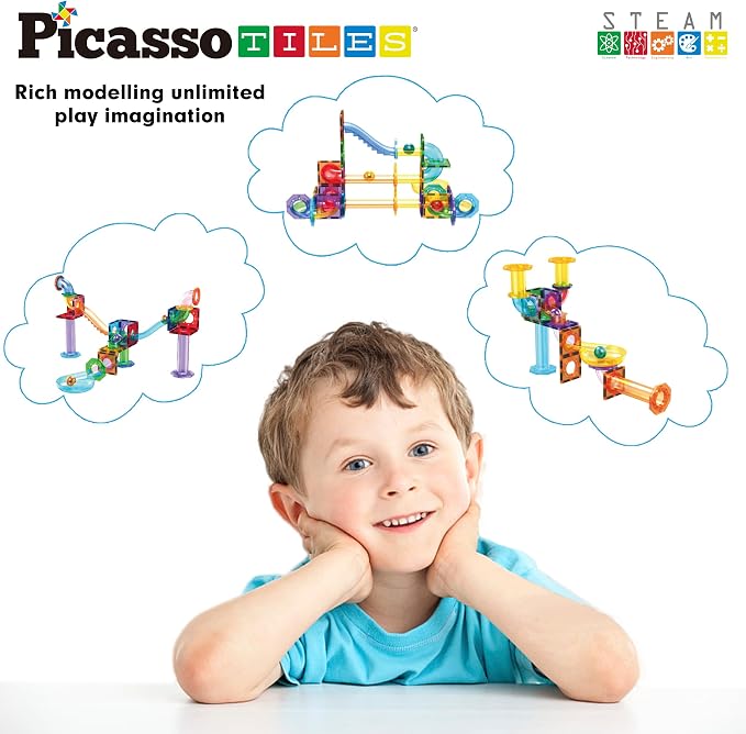 PicassoTiles Marble Run 60 Piece Race Track Magnetic Tiles Magnet Building Block Educational Construction Toy Set Playset STEM Learning Kit Child Brain Development HandEye Coordination Training PTG60