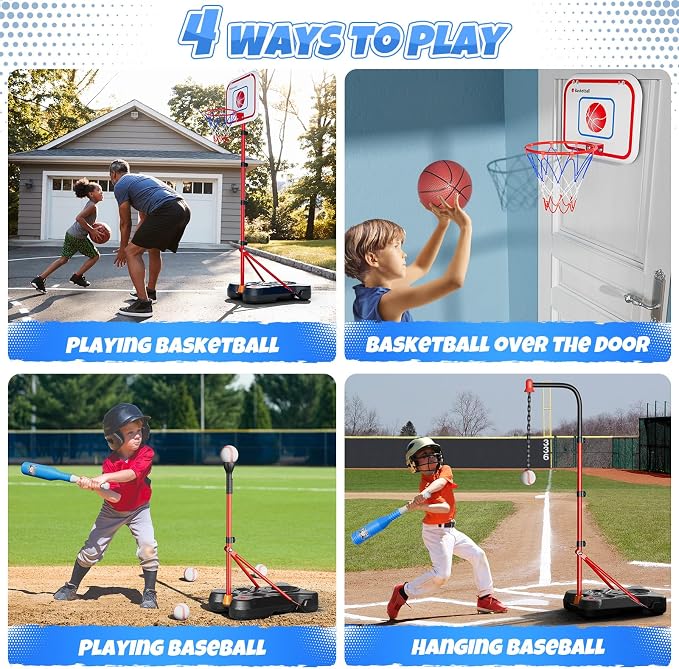 HopeRock 2 in 1 Kids Basketball Hoop and T Ball Set, Adjustable Basket Ball Stand,Hanging Tee Baseball for Toddlers Boys Girls Ages 2 3 4 5 6 7 8 Years Old, Outdoor Toys Gifts
