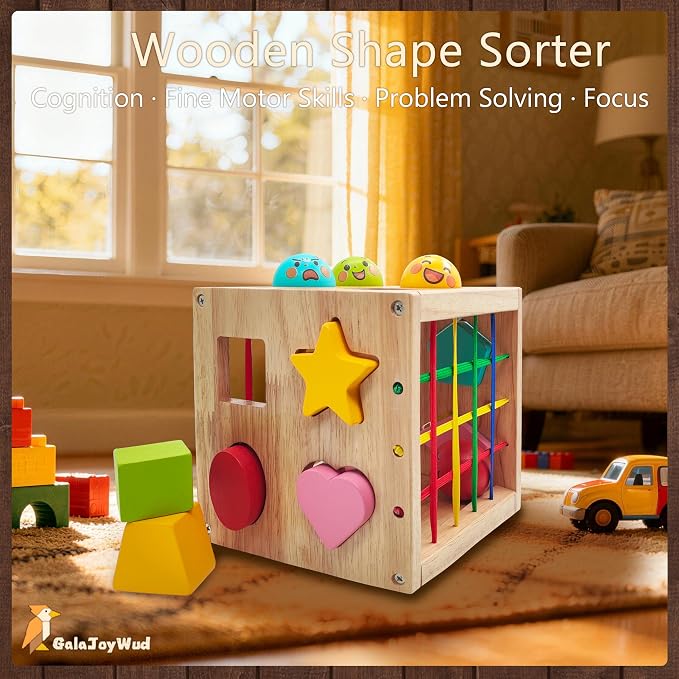 Wooden Activity Cube for Baby,Shape Sorters for Toddlers 1-3, Developmental Toy, Hammer Pounding & Sensory Blocks, Gift for Boys and Girls