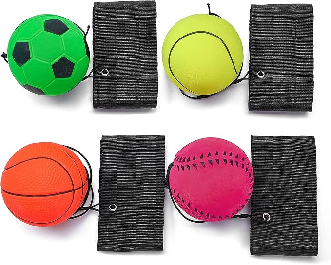 4/8/16 Pack 2.36 Inch Wrist Return Balls Wristband Ball Rubber Rebound Bouncy Sport Ball (Basketball, Baseball, Soccer,Tennis) on Elastic String Wrist Exercise or Play,Gift Toy for Kids Teens Adults
