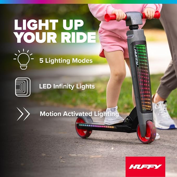 Huffy Light Up Inline Scooter for Kids, 2 Wheel Kick Scooter with LED Lights and Rear Brake, Foldable, Adjustable Handlebar on Select Models, Durable Frame, Licensed Character Graphics