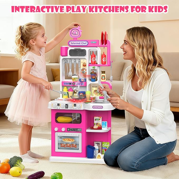 Kids Kitchen Playset, 36.22'' Play Kitchen for Toddlers 3-5 with Steam, Sound & Light, Cooking Stove, Play Sink, Oven and Toy Kitchen Accessories, Kitchen Set for Toddlers Girls 3 4 5 (Pink)