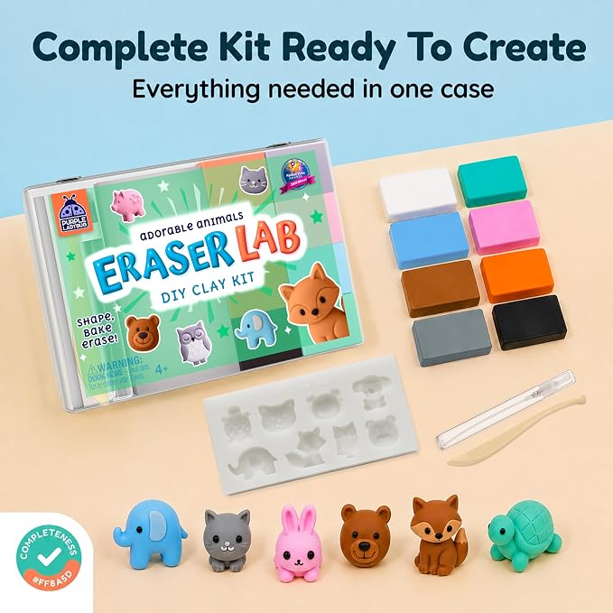 DIY Clay Cute Mini Eraser Kit for Kids - Birthday Gifts for 4 5 6 7 8 9 10 11 12 Girls & Boys - Students Desk Pet Animals Make Your Own Erasers Kit, Arts and Crafts for Kids Ages 8-12 4-8